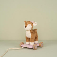 Little Dutch Pull-Along Deer - Fairy Garden, a wooden toddler toy with smooth-rolling wheels, floral details, and pull string for walking and play.