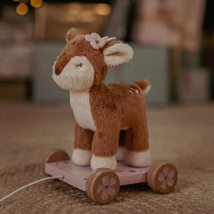 Little Dutch Pull-Along Deer - Fairy Garden, a wooden toddler toy with smooth-rolling wheels, floral details, and pull string for walking and play.