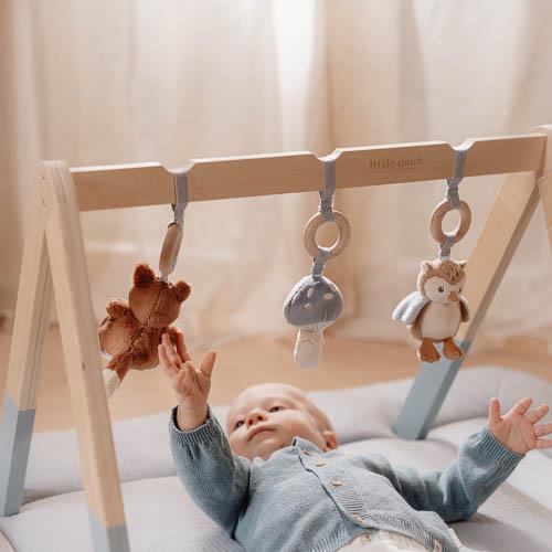 Little Dutch Baby Gym - Forest Friends, wooden baby play gym with hanging toys, including a fox, owl, and mushroom, for sensory and motor skill development.