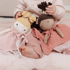 Soft pink Little Dutch Cuddle Cloth – Fairy Mila with embroidered details, fairy wings, and a light pink dress, perfect for newborns and sensory comfort.
