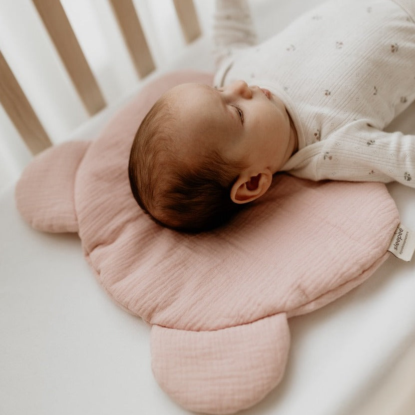 Sleepee Teddy Bear Muslin Pillow, soft breathable baby pillow with a flat design for gentle support and adorable teddy bear shape.