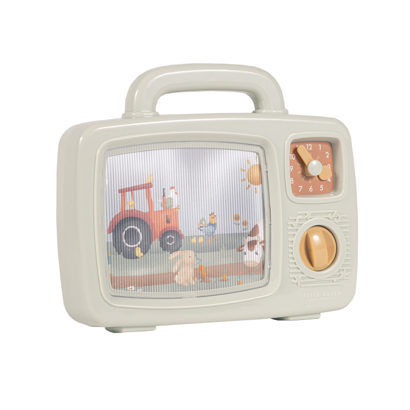 Little Dutch Farm Musical TV – A vintage-style wind-up music box featuring a moving farm scene and soothing melody, perfect for babies 12 months and older.