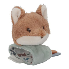 Little Dutch Wrist Rattle Fox - Forest Friends, soft rattle bracelet with crinkly parts, labels, and a knot for sensory play and hand-eye coordination.