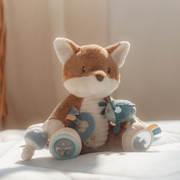 Little Dutch Activity Fox - Forest Friends with crinkly beetle, rattle, rings, and mirror for sensory play and hand-eye coordination.