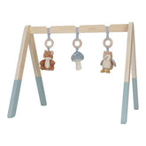 Little Dutch Baby Gym - Forest Friends, wooden baby play gym with hanging toys, including a fox, owl, and mushroom, for sensory and motor skill development.