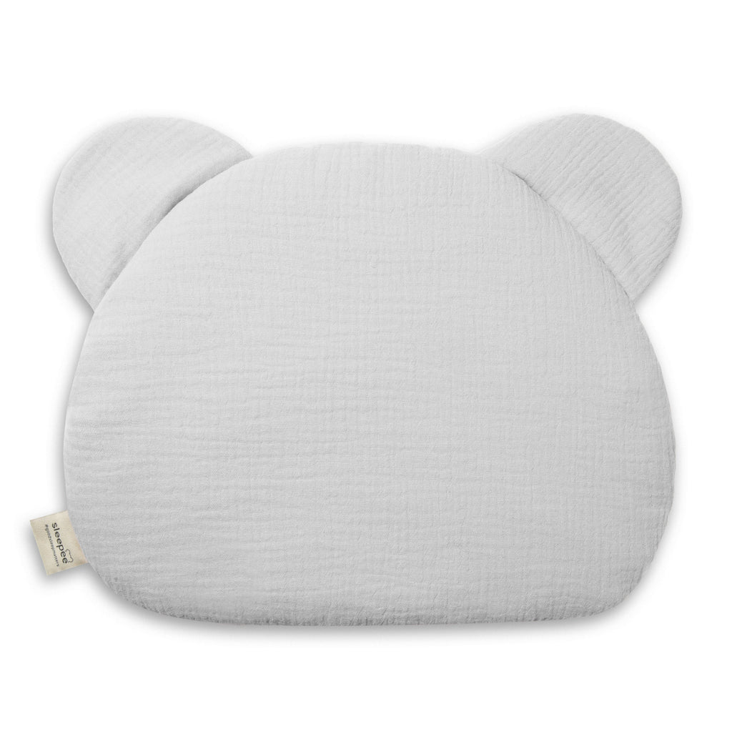 Sleepee Teddy Bear Muslin Pillow, soft breathable baby pillow with a flat design for gentle support and adorable teddy bear shape.