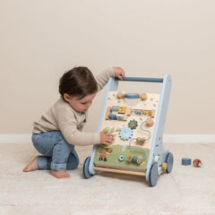 Little Dutch Multi-Activity Baby Walker - Forest Friends with gears, mirror, and counting features in blue tones.