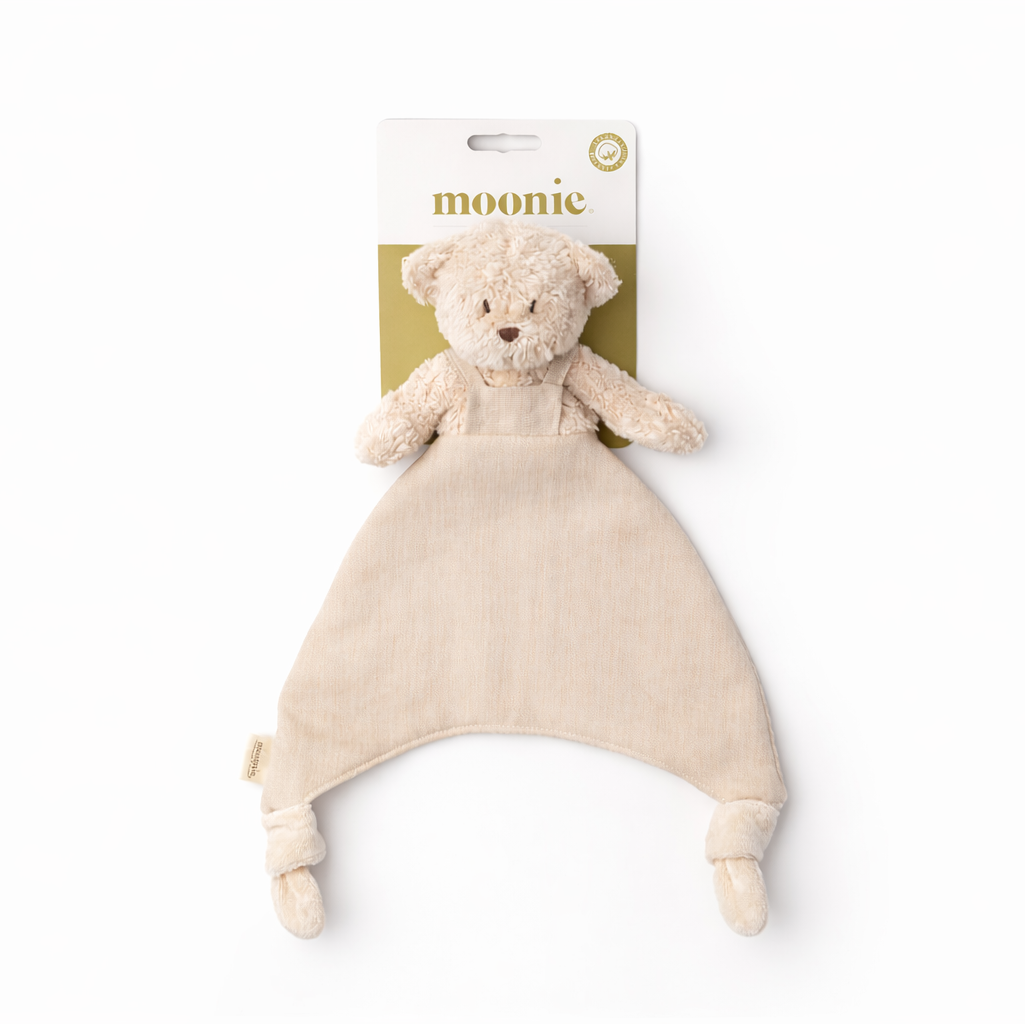 Moonie Doudou Bear comforter in sand made from organic cotton and linen, soft baby comfort blanket for soothing newborns and gifting