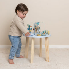 Little Dutch Activity Table - Forest Friends, a wooden toddler play table with bead mazes, spinning gears, and stacking blocks for educational fun.