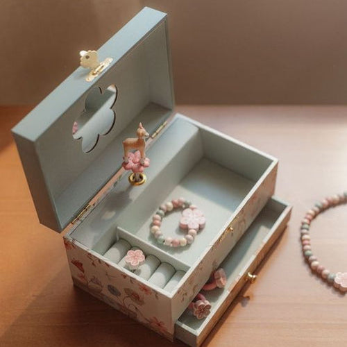 Little Dutch Jewellery Box with Music – Forest Friends, featuring a twirling fairy, woodland animal design, and compartments for jewellery and keepsakes.