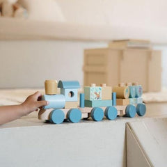 Little Dutch Stacking Train - Forest Friends, a wooden stacking toy with colorful blocks and woodland designs for toddlers aged 2 and up.