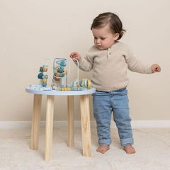 Little Dutch Activity Table - Forest Friends, a wooden toddler play table with bead mazes, spinning gears, and stacking blocks for educational fun.