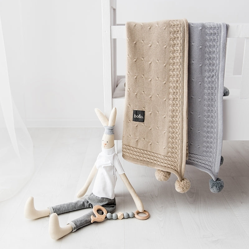 Bamboo Blanket with Hood & PomPoms - Grey