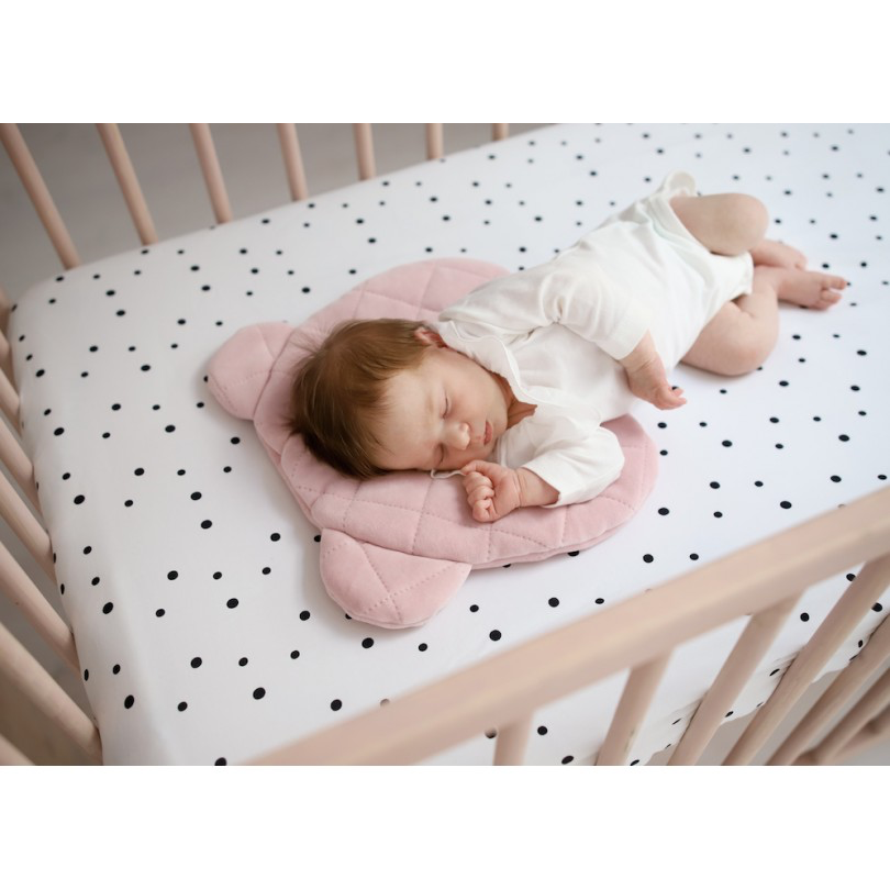 Bear Velvet Pillow, shaped like a teddy bear, offering a soft, flat surface for baby comfort and safe support.