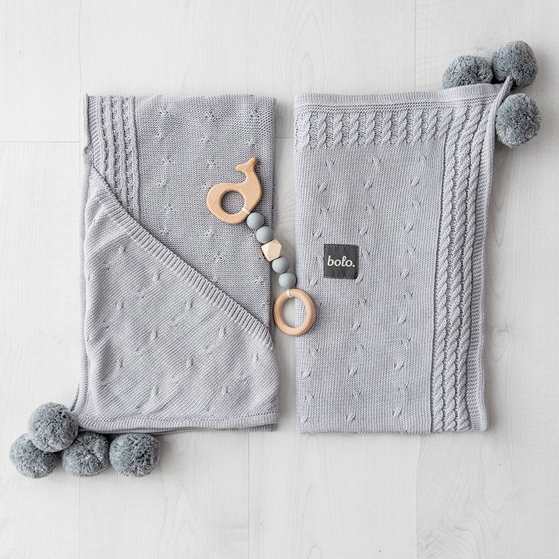 Bamboo Blanket with Hood & PomPoms - Grey
