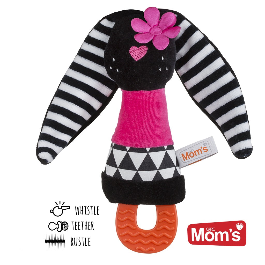 Black and white squeaky bunny toy with attached teether, designed to stimulate baby's visual development and soothe teething discomfort.