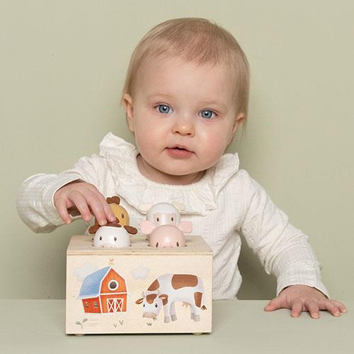Little Dutch Pop-Up Toy - Little Farm with four farm animals and wooden box, designed for interactive play and learning animal sounds.