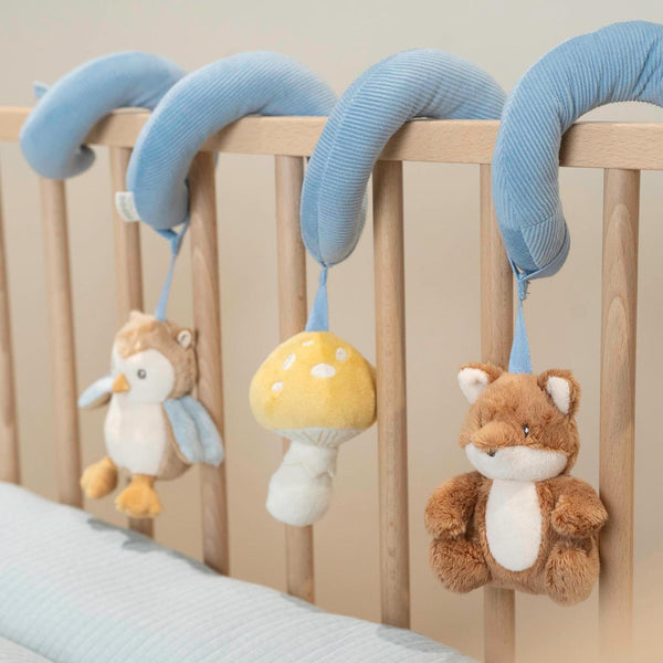 Little Dutch Activity Spiral - Forest Friends with soft fox, mushroom, and owl characters, designed for sensory development and easy attachment to cribs or car seats.