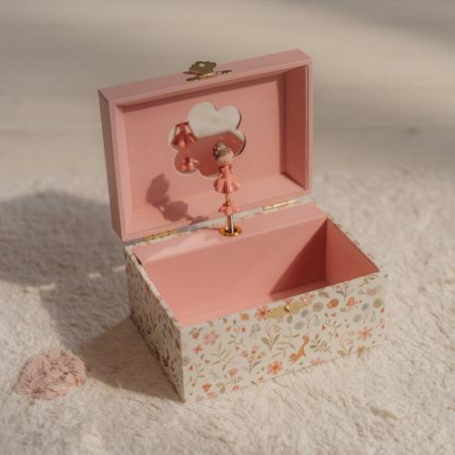 Little Dutch Jewellery Box with Music - Rosa, featuring a pink floral design, spinning ballerina, melody, and organized compartments for keepsakes.