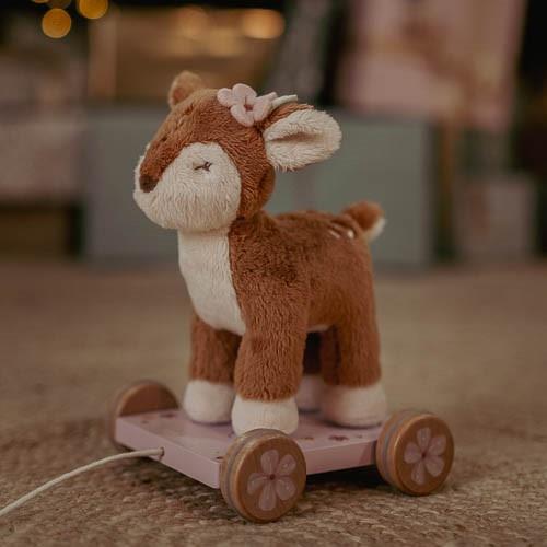 Little Dutch Pull-Along Deer - Fairy Garden, a wooden toddler toy with smooth-rolling wheels, floral details, and pull string for walking and play.