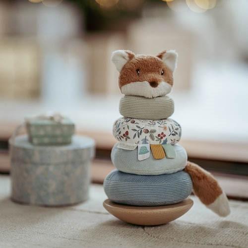 Little Dutch Rocking Ring Stacker - Forest Friends with fox topper, rocking base, and colorful stacking rings for toddler play and development.