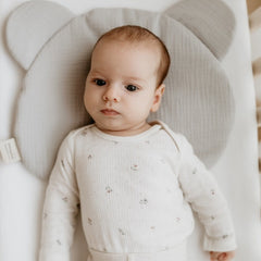 Sleepee Teddy Bear Muslin Pillow, soft breathable baby pillow with a flat design for gentle support and adorable teddy bear shape.