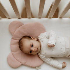 Sleepee Teddy Bear Muslin Pillow, soft breathable baby pillow with a flat design for gentle support and adorable teddy bear shape.