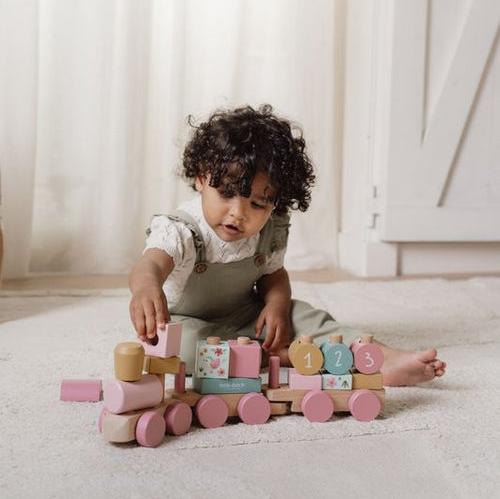 Little Dutch Stacking Train - Fairy Garden, a wooden stacking toy with floral and butterfly designs, perfect for toddlers aged 2 and up.