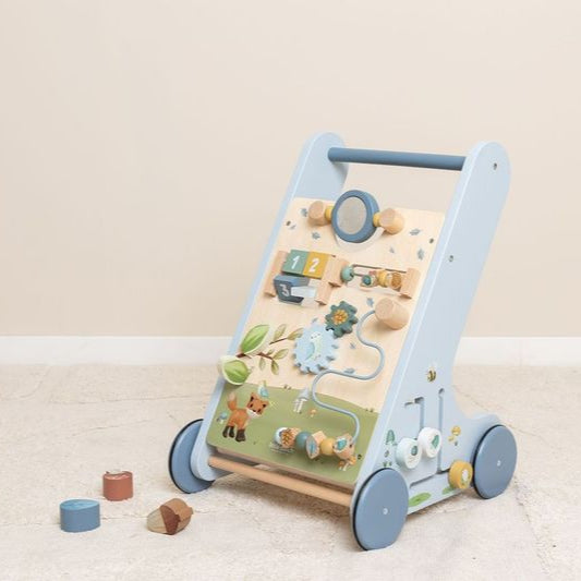 Little Dutch Multi-Activity Baby Walker - Forest Friends with gears, mirror, and counting features in blue tones.