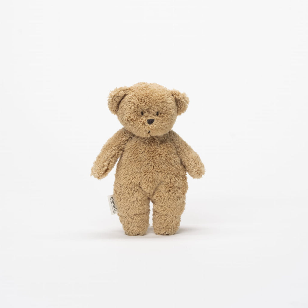 Moonie Sensory Little Teddy in cappuccino made from organic cotton, soft baby sensory toy for fine motor development, cuddles and everyday comfort