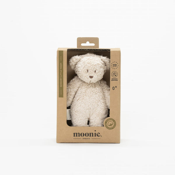 Moonie Sensory Little Teddy in sand made from organic cotton, soft baby sensory toy for fine motor development, cuddles and everyday comfort