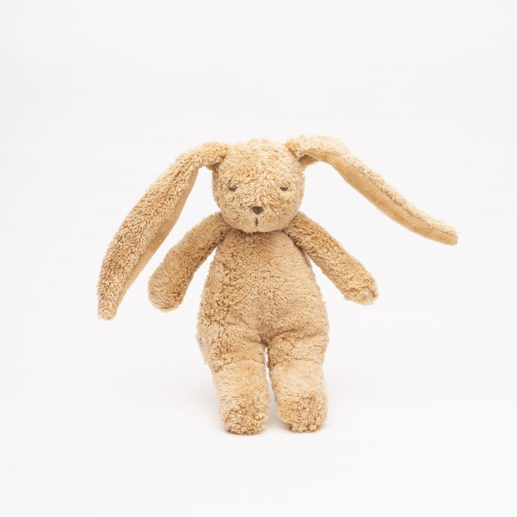 Moonie Sensory Little Bunny in cappuccino made from organic cotton, soft baby sensory toy for fine motor development, cuddles and everyday comfort