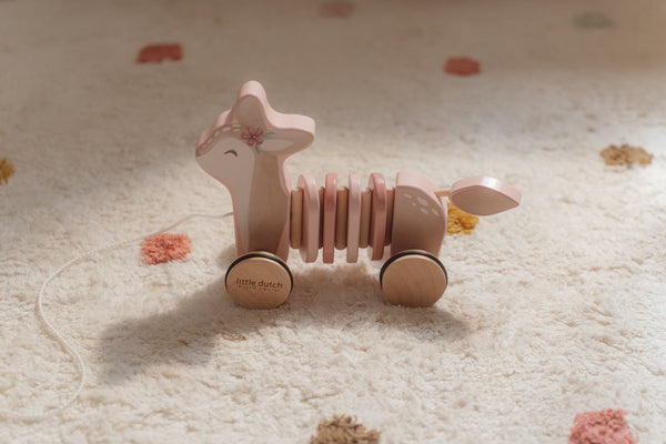 Little Dutch Pull-Along Wood Deer - Fairy Garden with colorful rings, designed for toddlers to pull along and promote motor skill development during play.