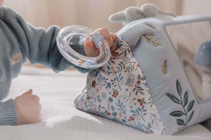 Little Dutch Baby Triangle - Forest Friends, interactive baby toy with crinkly leaves, a mirror, and soft textures for sensory and motor skill development.