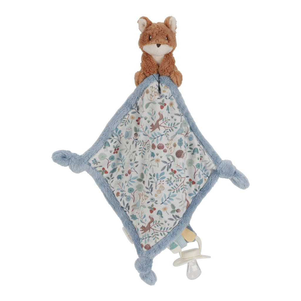 Little Dutch Cuddle Cloth Print Fox - Forest Friends, soft comforter for babies with crinkly textures, labels, and a pacifier attachment loop.