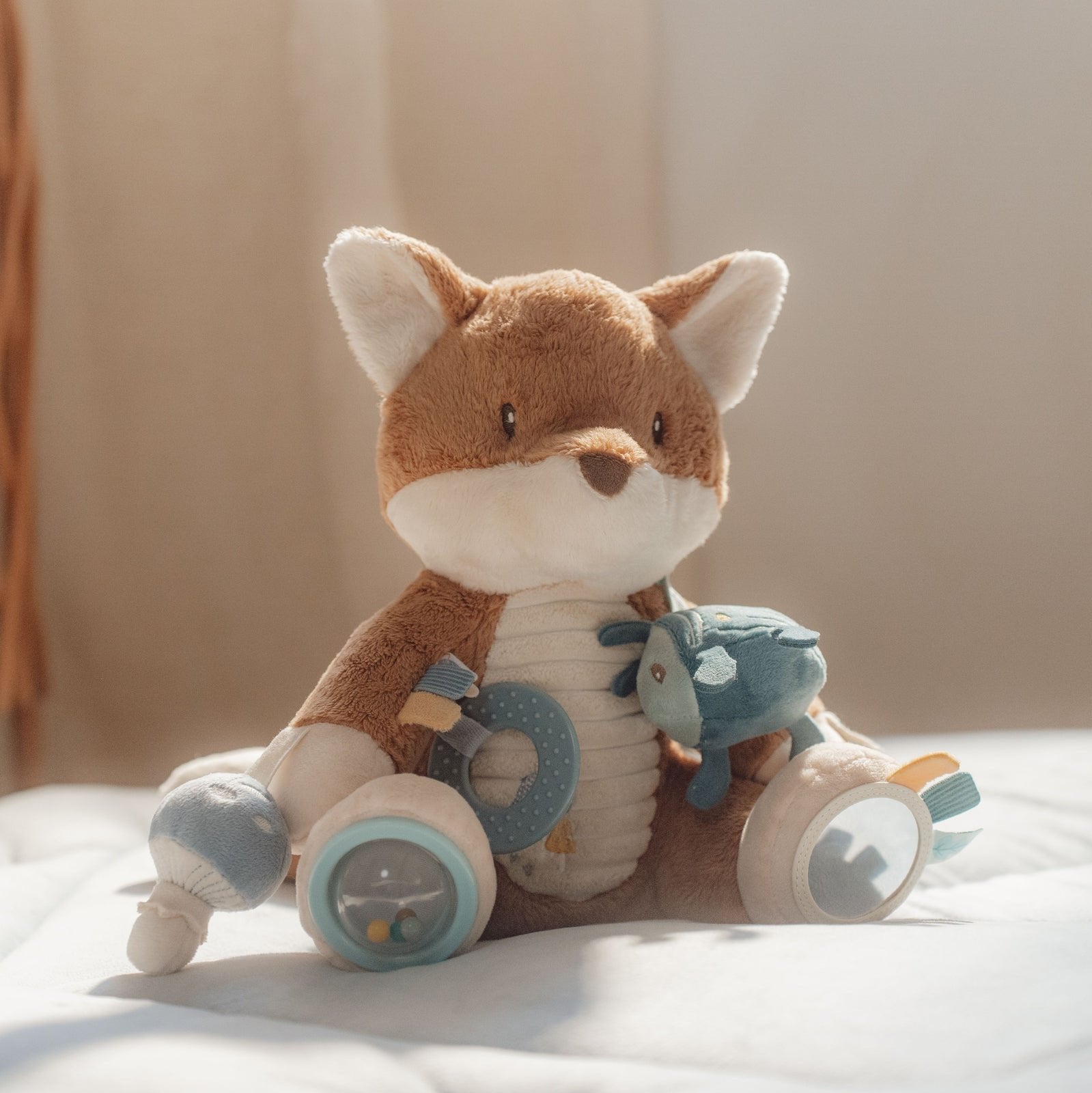 Little Dutch Activity Fox - Forest Friends with crinkly beetle, rattle, rings, and mirror for sensory play and hand-eye coordination.