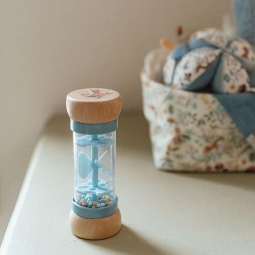 Little Dutch Rain Rattle - Forest Friends with soothing rain sounds and a charming fox and mushroom design on wooden ends.