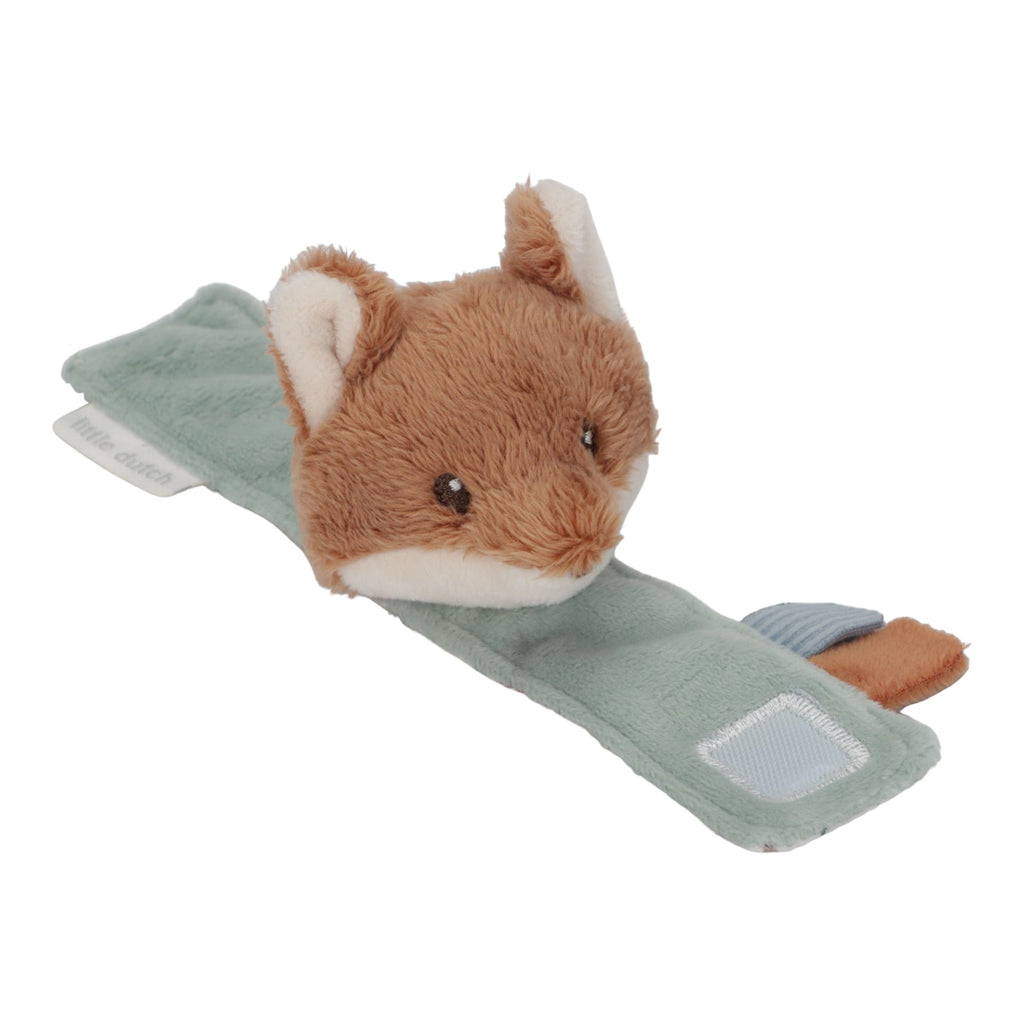 Little Dutch Wrist Rattle Fox - Forest Friends, soft rattle bracelet with crinkly parts, labels, and a knot for sensory play and hand-eye coordination.