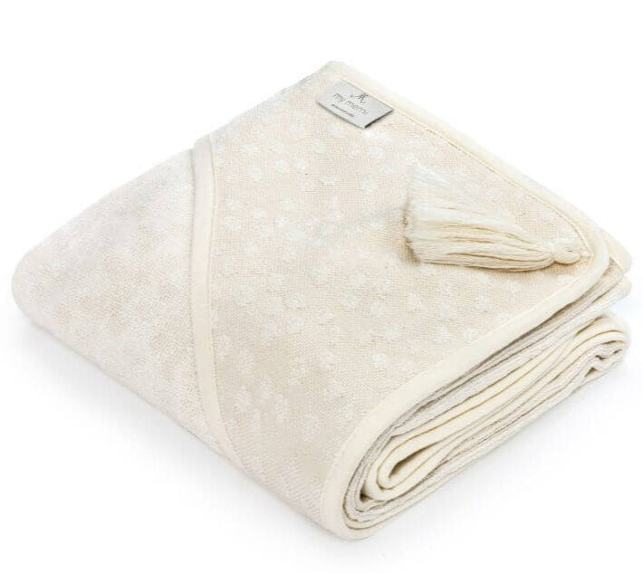 My Memi Bamboo Baby Towel - Boho Dots in Light Beige, hooded design with tassel, ultra-soft bamboo fabric.