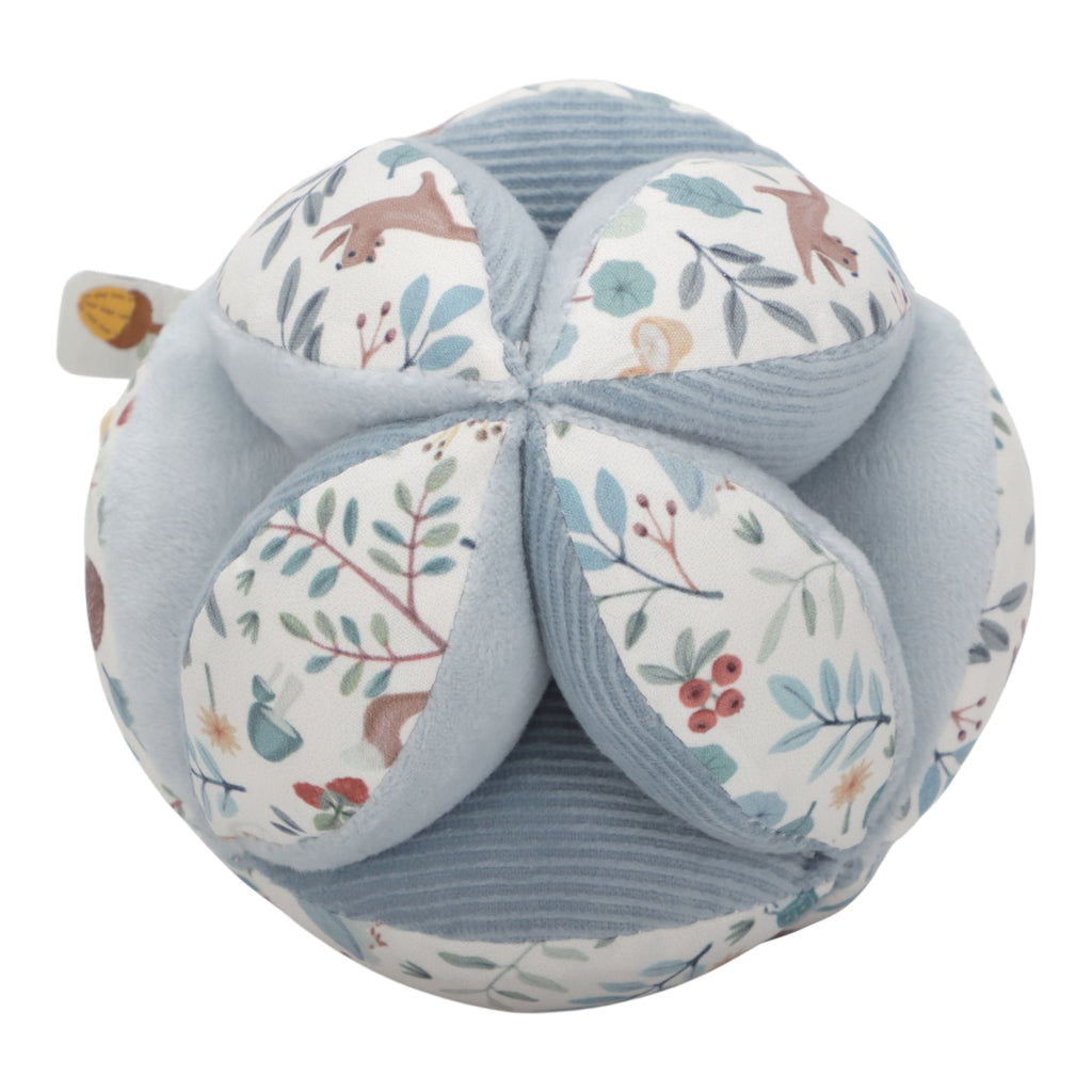 Little Dutch Gripping Ball - Forest Friends with soft textures, knots, and bell rattle, designed to stimulate sensory development and grip strength for babies.