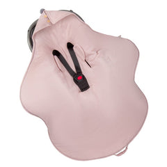 Baby in car seat wearing Sleepee muslin car seat blanket in [colour], harness-safe design with slots for 3 or 5 point straps