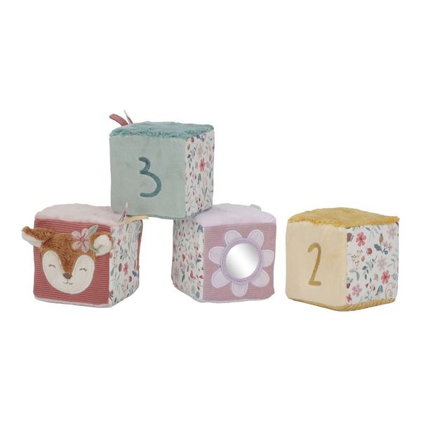 Little Dutch Set of Soft Cubes - Fairy Garden featuring colorful textures, sounds, and a soft floral mirror for sensory play."