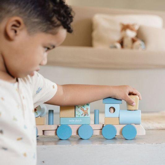 Little Dutch Stacking Train - Forest Friends, a wooden stacking toy with colorful blocks and woodland designs for toddlers aged 2 and up.