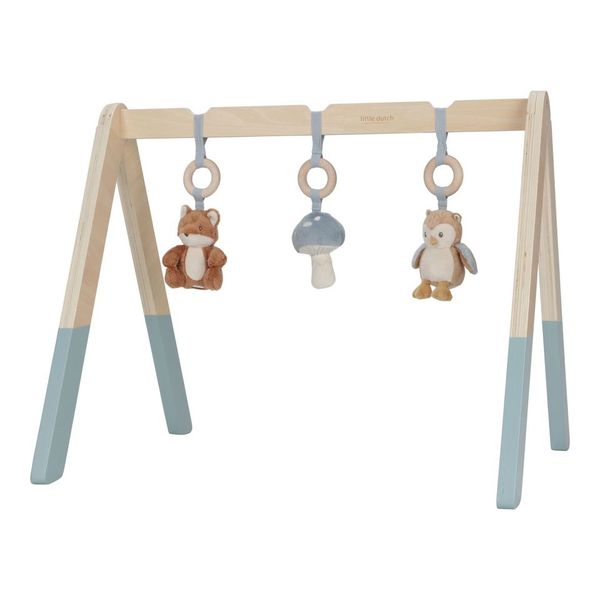 Little Dutch Baby Gym - Forest Friends, wooden baby play gym with hanging toys, including a fox, owl, and mushroom, for sensory and motor skill development.

