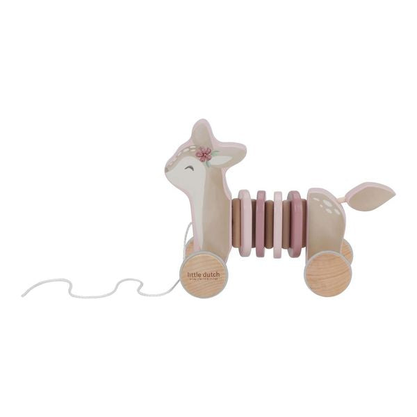 Little Dutch Pull-Along Wood Deer - Fairy Garden with colorful rings, designed for toddlers to pull along and promote motor skill development during play.