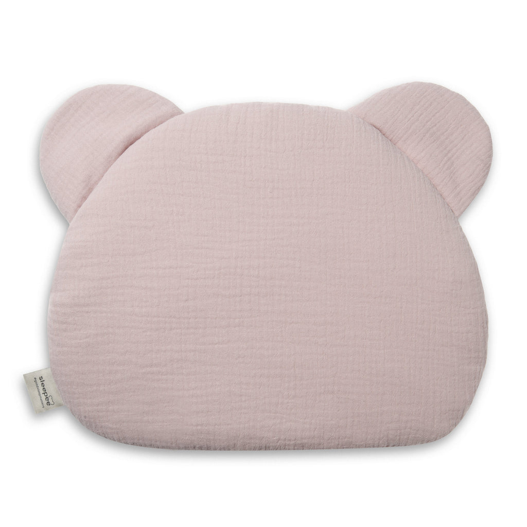 Sleepee Teddy Bear Muslin Pillow, soft breathable baby pillow with a flat design for gentle support and adorable teddy bear shape.