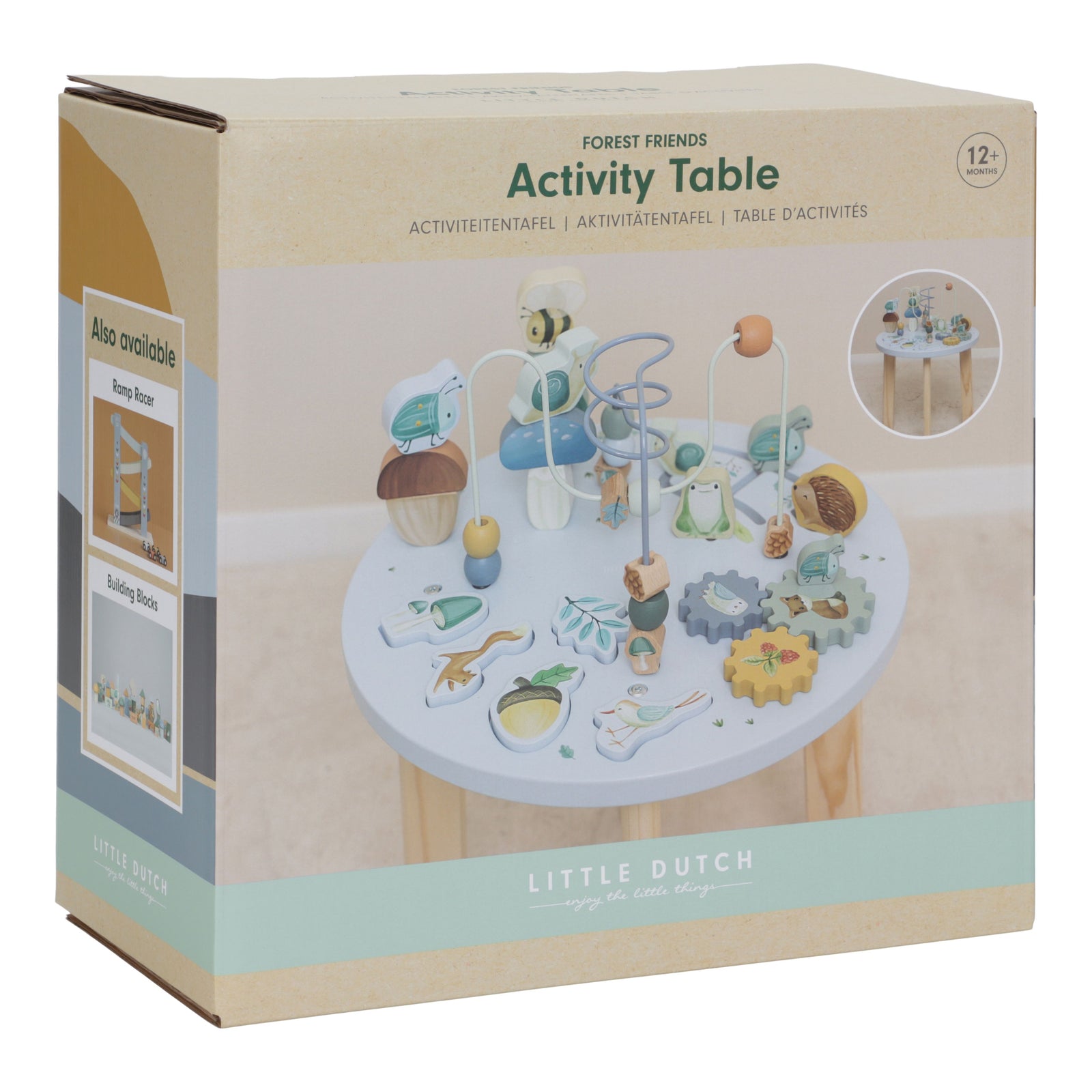 Little Dutch Activity Table - Forest Friends, a wooden toddler play table with bead mazes, spinning gears, and stacking blocks for educational fun.
