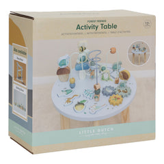 Little Dutch Activity Table - Forest Friends, a wooden toddler play table with bead mazes, spinning gears, and stacking blocks for educational fun.
