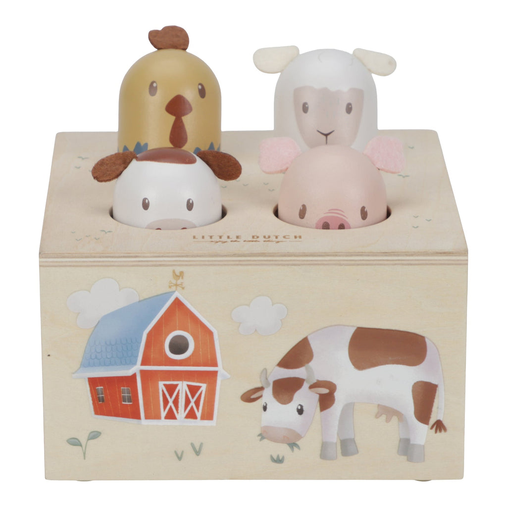 Little Dutch Pop-Up Toy - Little Farm with four farm animals and wooden box, designed for interactive play and learning animal sounds.