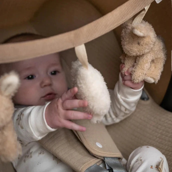 Little Dutch Car Seat Toy - Baby Bunny with rattles, crinkly textures, and soft materials for engaging sensory play on-the-go.